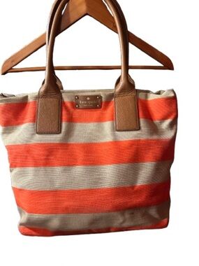 kate spade Orange and Cream Striped Canvas Tote with Brown Handles